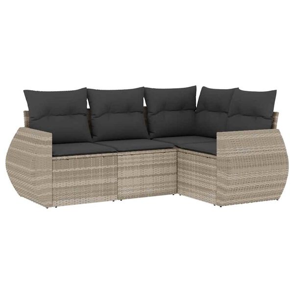 vidaXL 4-delige Loungeset met kussens poly rattan lichtgrijs