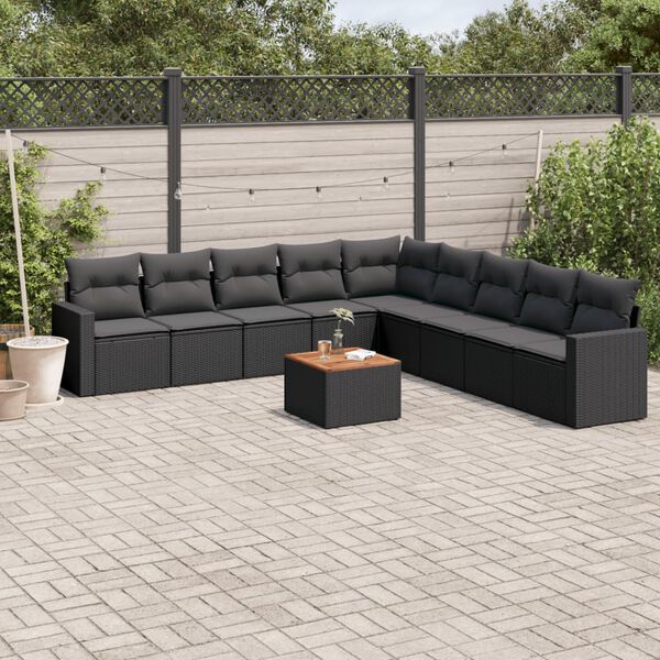 vidaXL 10-delige Loungeset met kussens poly rattan zwart