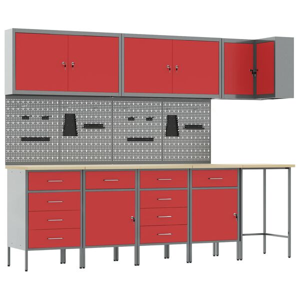 vidaXL Werkkast set met lade met plank met opslag 12 pcs Rood en Grijs