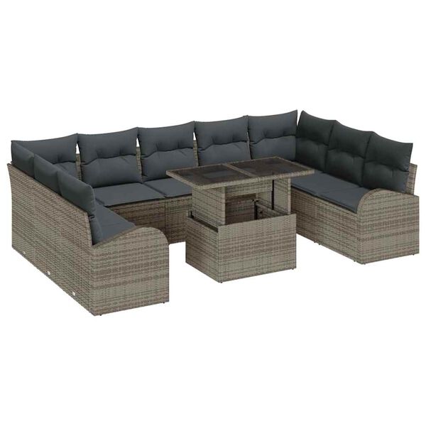vidaXL Tuin Sofa Set met kussen met opslag 10 pcs Grijs Poly riet