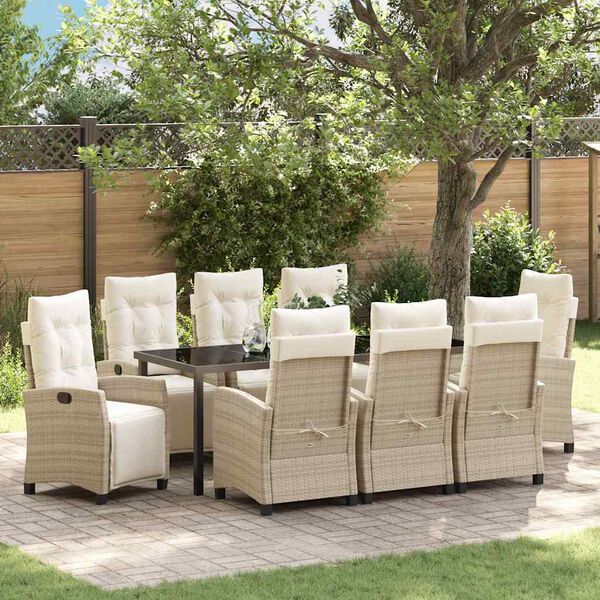 vidaXL Tuin eettafelset met kussen 9 pcs Beige poly rattan