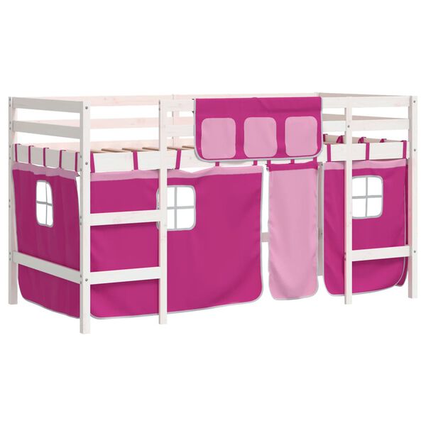 vidaXL Kinderhoogslaper met gordijnen 90x190 cm grenenhout roze