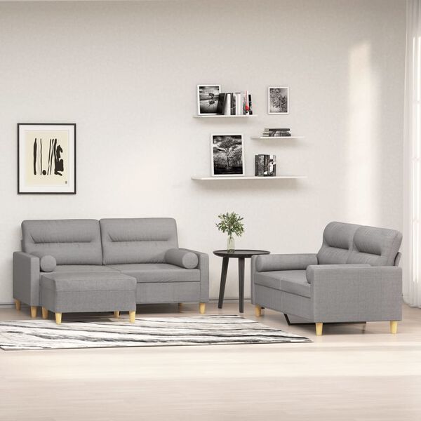 vidaXL 3-delige Loungeset met sierkussens en kussens stof lichtgrijs