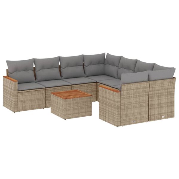 vidaXL 9-delige Loungeset met kussens poly rattan beige