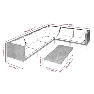 vidaXL 7-delige Loungeset met kussens poly rattan donkergrijs