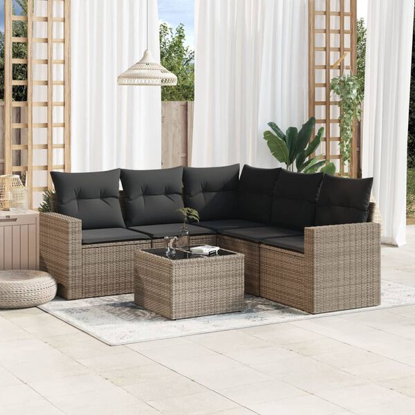 vidaXL 6-delige Loungeset met kussens poly rattan grijs