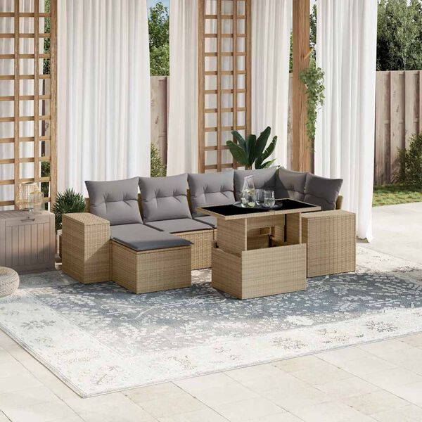 vidaXL 7-delige Loungeset met kussens poly rattan beige