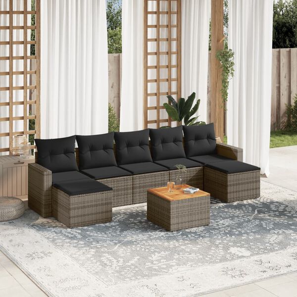 vidaXL 8-delige Loungeset met kussens poly rattan grijs