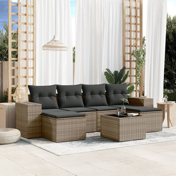 vidaXL 7-delige Loungeset met kussens poly rattan grijs