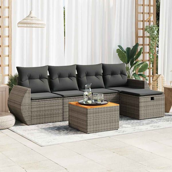vidaXL 6-delige Loungeset met kussens poly rattan grijs