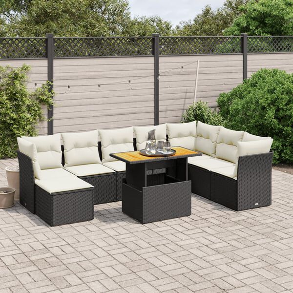 vidaXL 9-delige Loungeset met kussens poly rattan zwart
