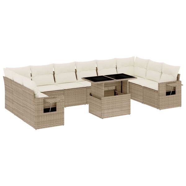 vidaXL 11-delige Tuinset met kussens poly rattan beige
