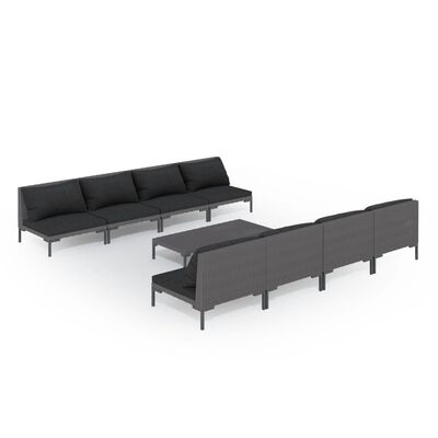 vidaXL 9-delige Loungeset met kussens poly rattan donkergrijs