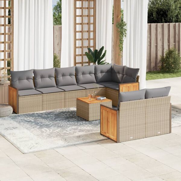 vidaXL 9-delige Loungeset met kussens poly rattan beige