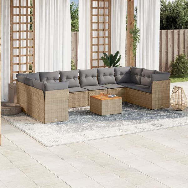 vidaXL 11-delige Tuinset met kussens poly rattan beige