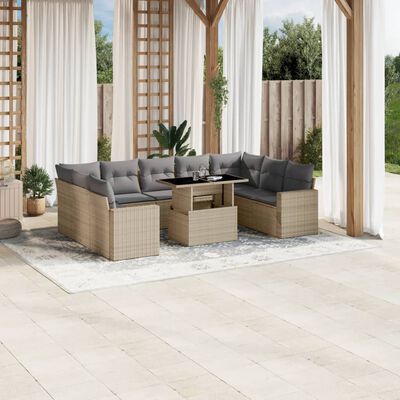 vidaXL 10-delige Loungeset met kussens poly rattan beige