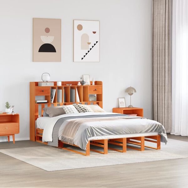 vidaXL Bed met boekenkast zonder matras grenenhout wasbruin 140x190 cm
