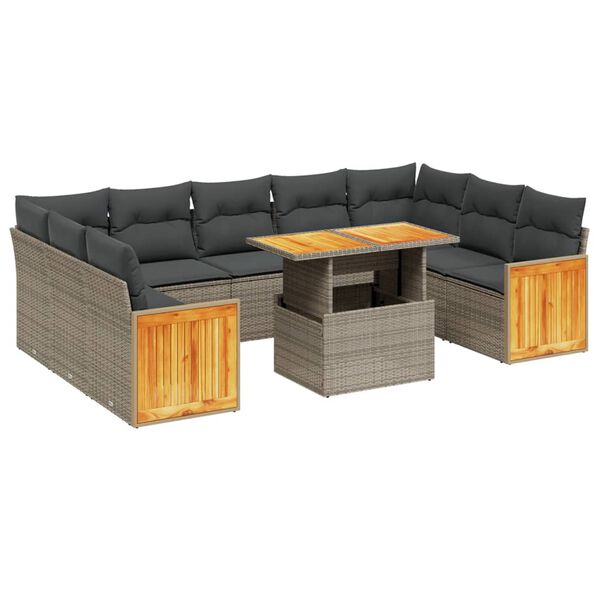 vidaXL 10-delige Loungeset met kussens poly rattan grijs