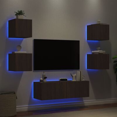 vidaXL 5-delige tv-wandmeubelset met LED-verlichting bruineikenkleurig