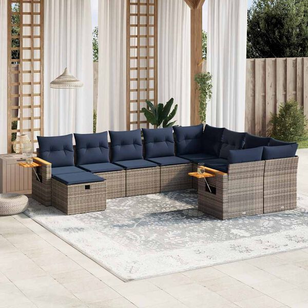 vidaXL 10-delige Loungeset met kussens poly rattan grijs