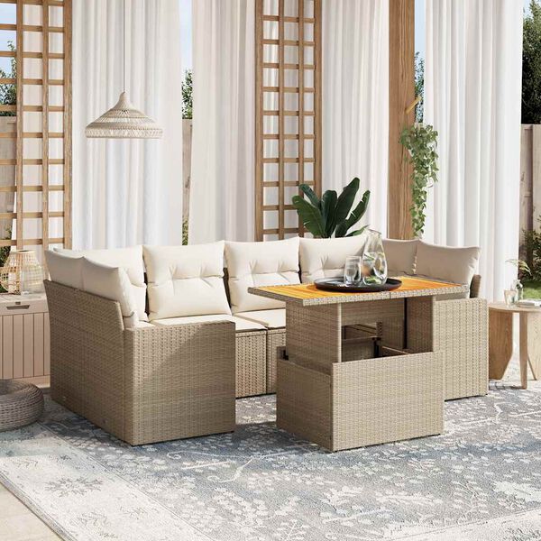 vidaXL 7-delige Loungeset met kussens poly rattan beige