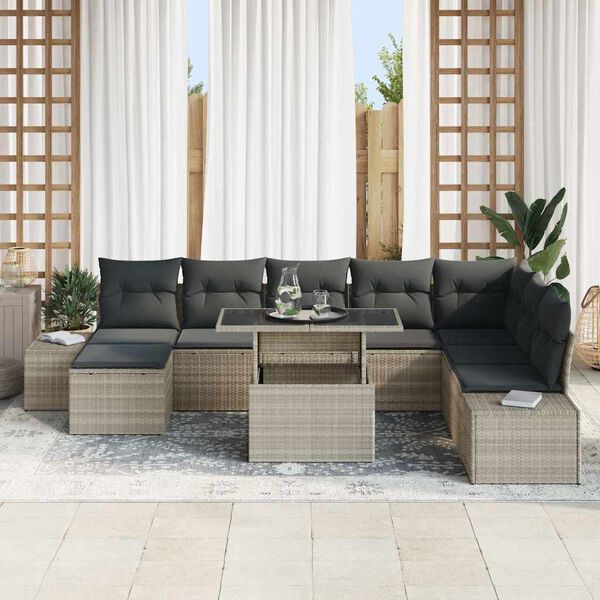 vidaXL Tuin Sofa Set met kussen 9 pcs Lichtgrijs poly rattan