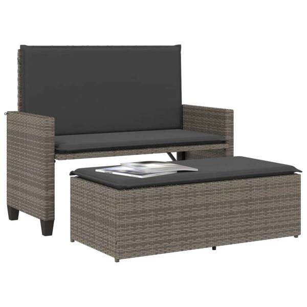 vidaXL Tuinbank met kussens en voetenbank poly rattan grijs