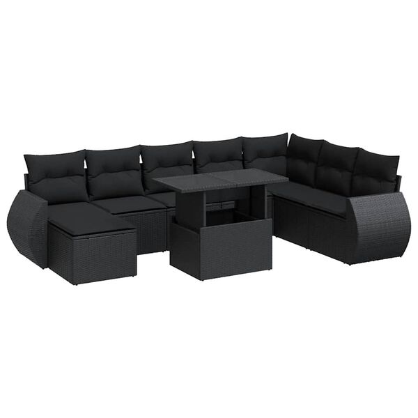 vidaXL 9-delige Loungeset met kussens poly rattan zwart