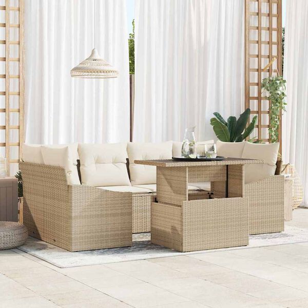 vidaXL Tuin Sofa Set met kussen 7 pcs Beige en Cr&egrave;me poly rattan