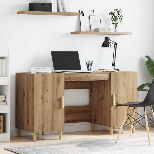 vidaXL Bureau met plank Artisan Eiken 140 x 50 x 75 cm Bewerkt hout