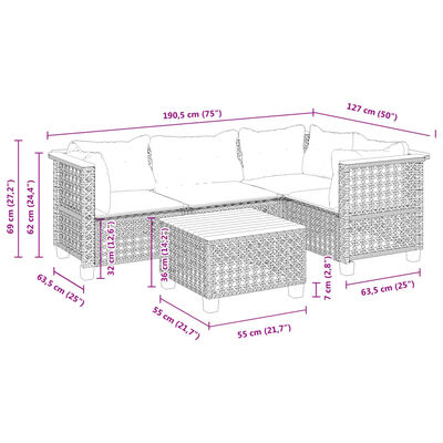 vidaXL 5-delige Loungeset met kussens poly rattan zwart