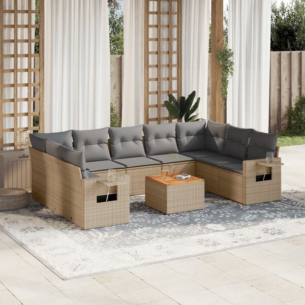 vidaXL 10-delige Loungeset met kussens poly rattan gemengd beige