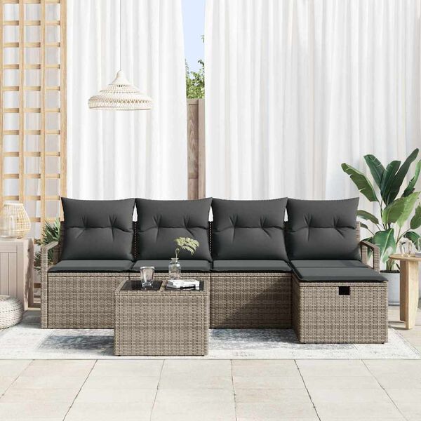 vidaXL Bankstel met kussen met opslag 6 pcs Grijs poly rattan