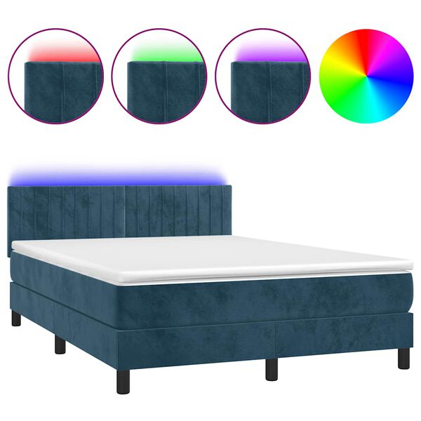 vidaXL Boxspring met matras en LED fluweel donkerblauw 140x190 cm