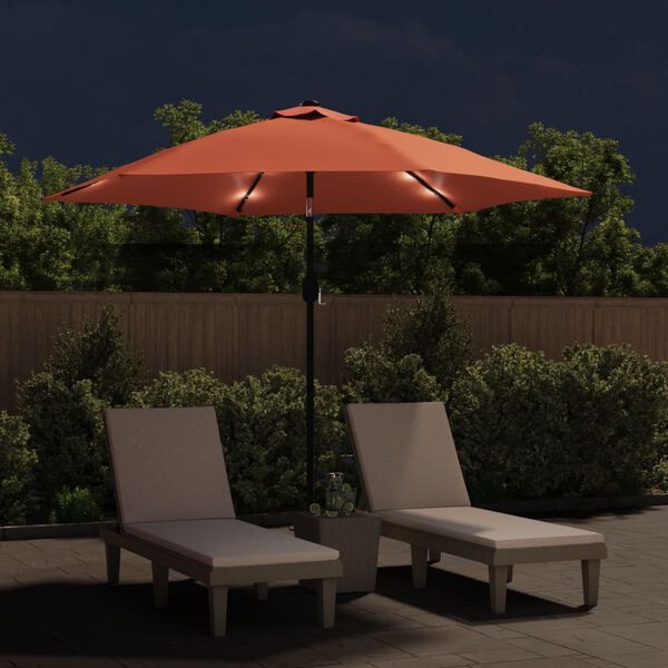 vidaXL Parasol met LED-verlichting en stalen paal 300 cm terracotta