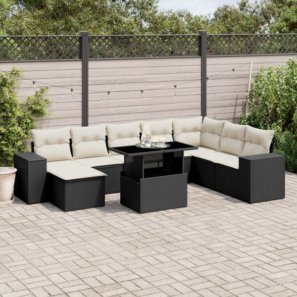 vidaXL 9-delige Loungeset met kussens poly rattan zwart