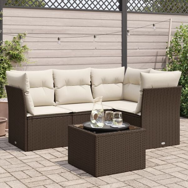 vidaXL 5-delige Loungeset met kussens poly rattan bruin