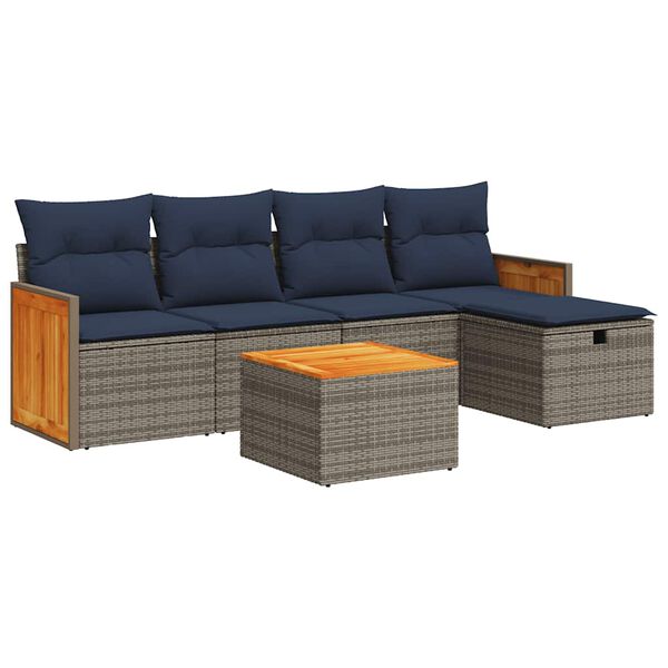 vidaXL 6-delige Loungeset met kussens poly rattan grijs