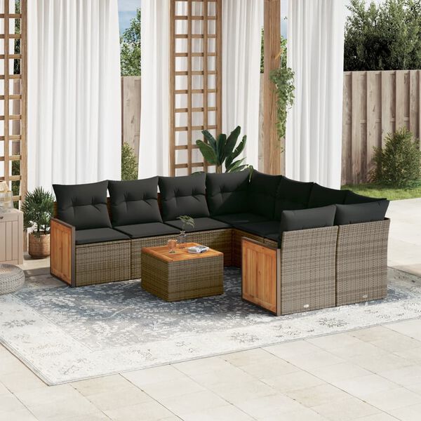 vidaXL 9-delige Loungeset met kussens poly rattan grijs