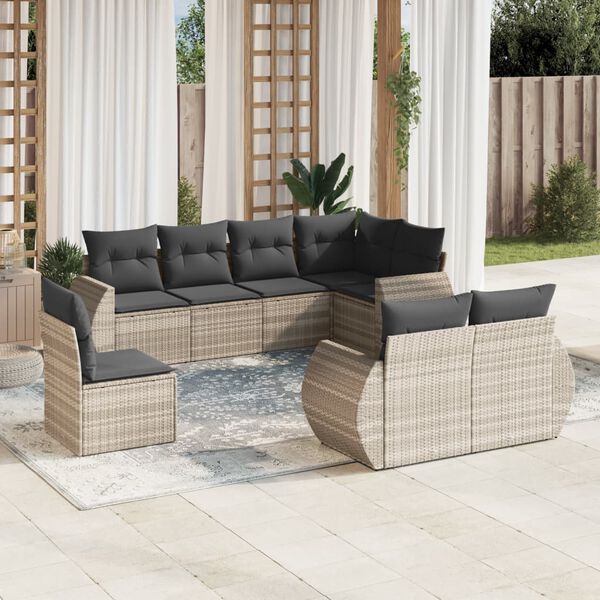 vidaXL 8-delige Loungeset met kussens poly rattan lichtgrijs