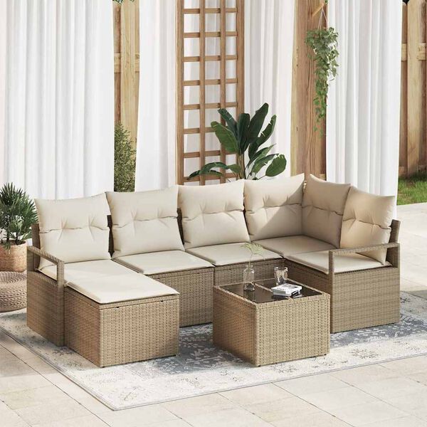 vidaXL Tuin Sofa Set met kussen met opslag 7 pcs Beige en Cr&egrave;me