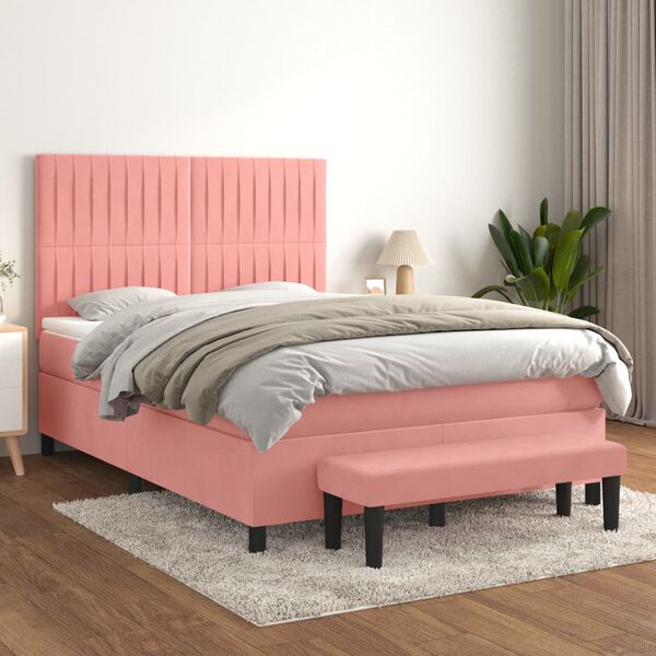 vidaXL Boxspring met matras fluweel roze 140x190 cm