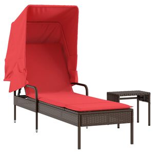 vidaXL Ligstoel met luifel en tafel bruin poly rattan