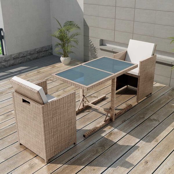 vidaXL 3-delige Bistroset met kussens poly rattan beige