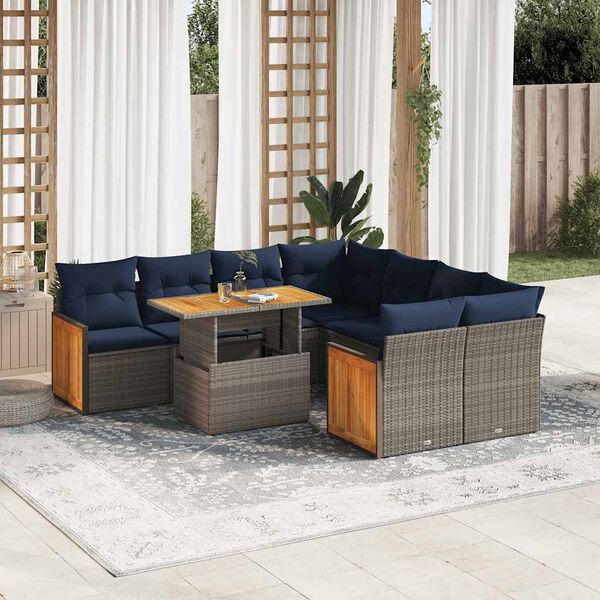 vidaXL 9-delige Loungeset met kussens poly rattan acacia grijs