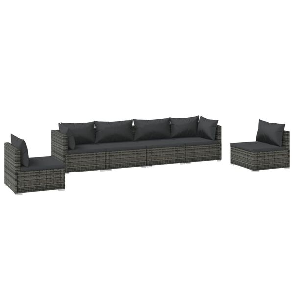 vidaXL 6-delige Loungeset met kussens poly rattan grijs