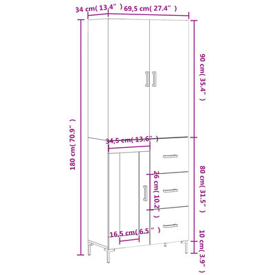 vidaXL Hoge kast 69,5x34x180 cm bewerkt hout hoogglans wit