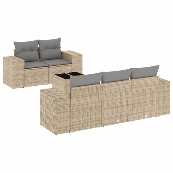 vidaXL 6-delige Loungeset met kussens poly rattan beige