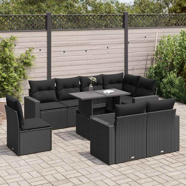 vidaXL 9-delige Loungeset met kussens poly rattan zwart
