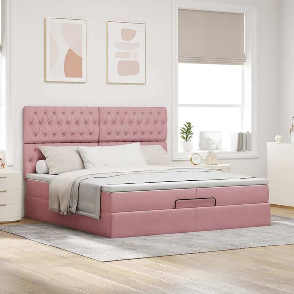 vidaXL Ottoman bed met matrassen en LED's 200x200cm fluweel roze